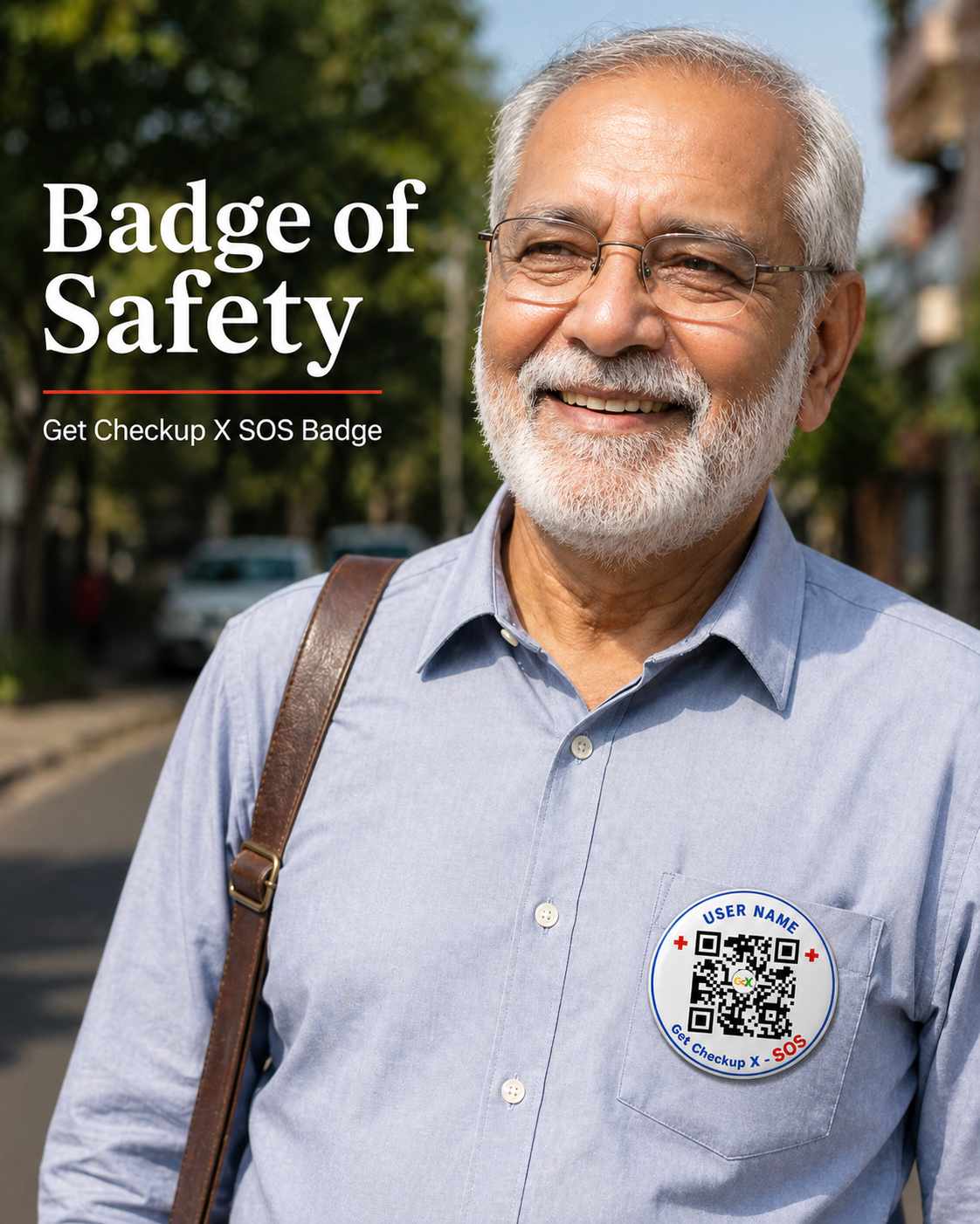 Badge of Safety - elderly man wearing GcX SOS pin badge on shirt pocket